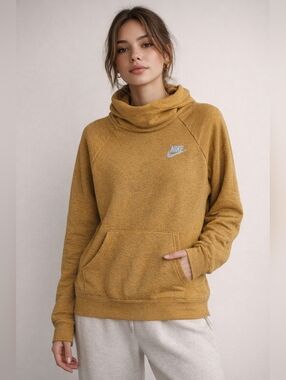 Nike Mustard Yellow Funnel Neck Hoodie Pullover Small Cozy Athleisure